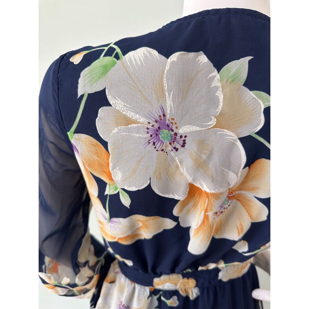 Dress Forum Floral Wrap Maxi Dress Navy Blue Sheer Long Sleeve Chiffon size S - Picture 8 of 9